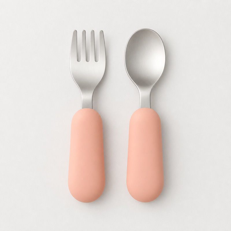 YumBella Stainless Steel Spoon & Fork Set in Soft Peach