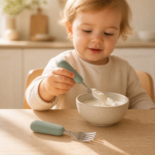 Child using the YumBella Stainless Steel Spoon & Fork Set at mealtime
