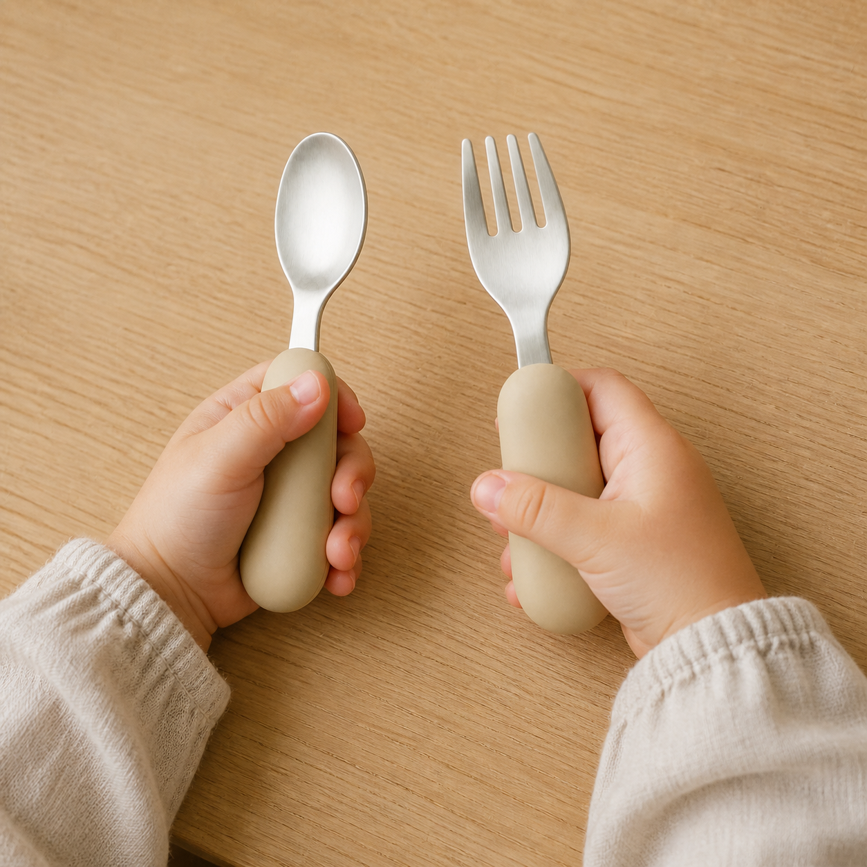 YumBella Stainless Steel Spoon & Fork Set shown in a toddler's hand for scale