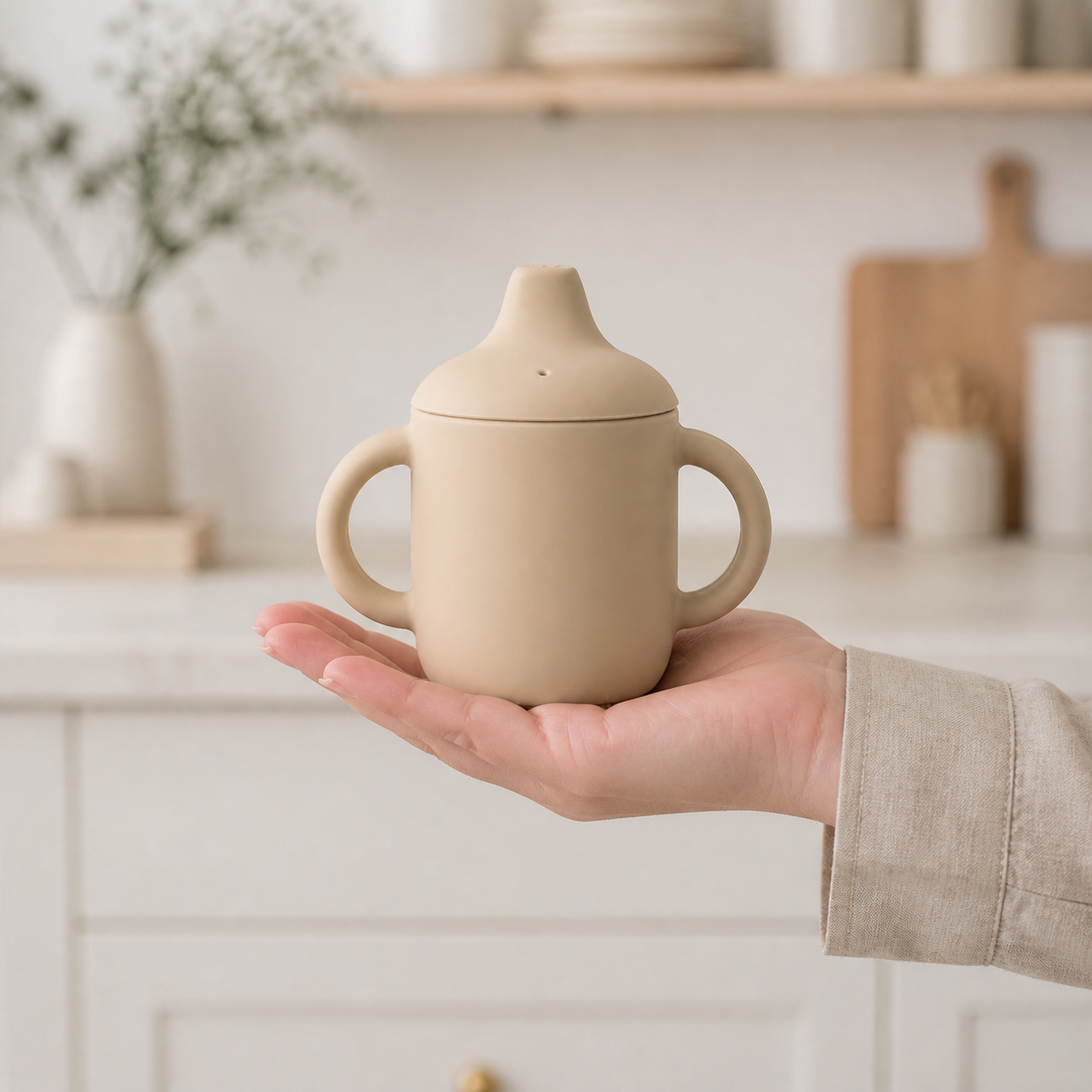 YumBella Silicone Training Cup – 180ml shown in hand for scale
