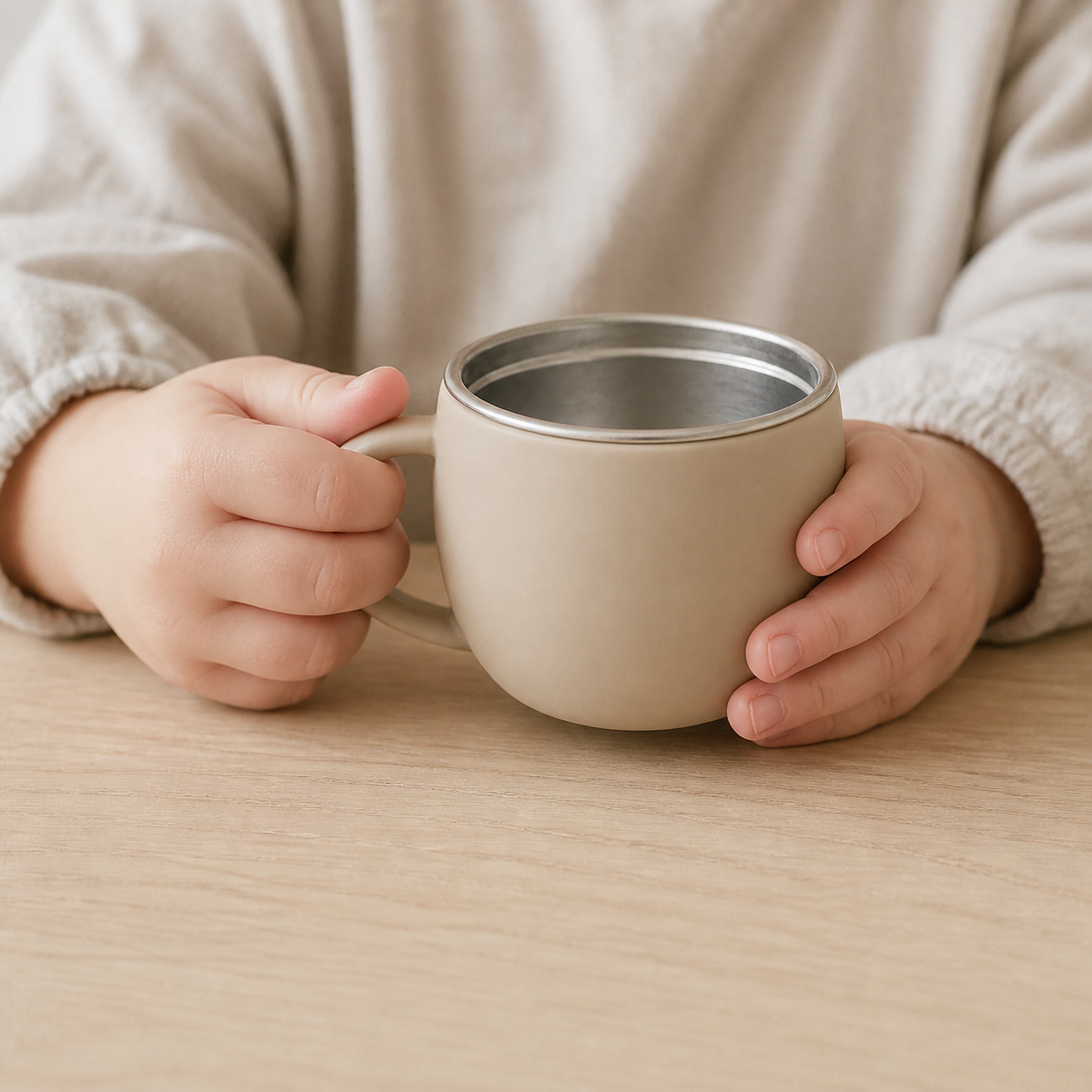 YumBella Stainless Steel Training Cup – 125ml shown in a toddler's hand for scale