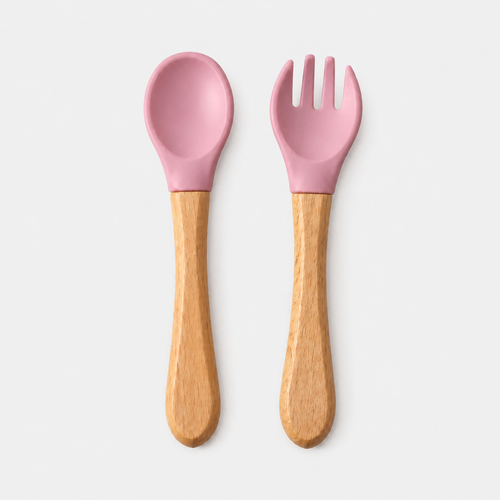 YumBella silicone spoon and fork set in Powder Rose