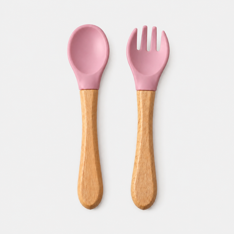 YumBella silicone spoon and fork set in Powder Rose