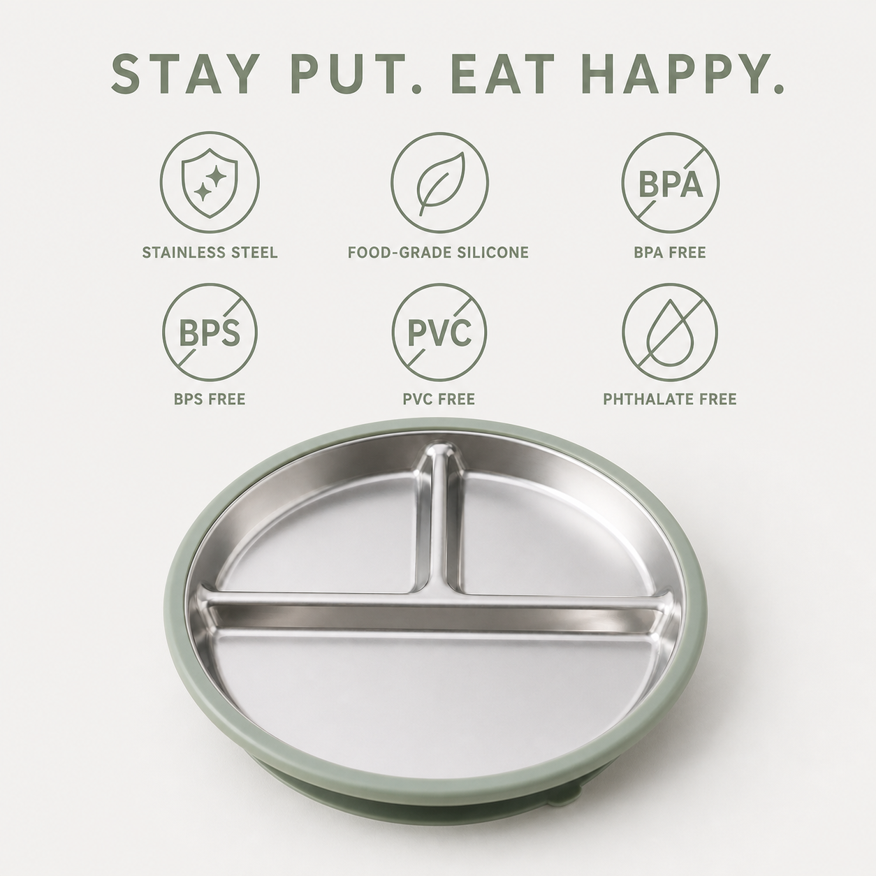 Materials and safety features of the YumBella Stainless Steel Suction Plate