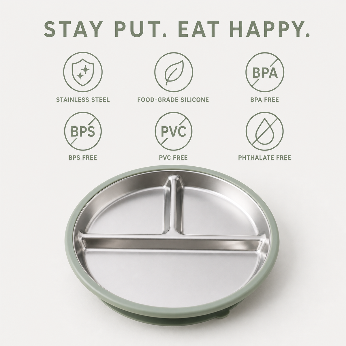 Materials and safety features of the YumBella Stainless Steel Suction Plate