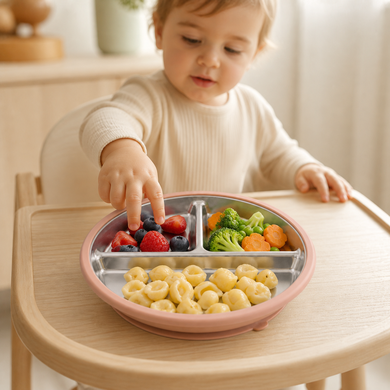 Child using the YumBella Stainless Steel Suction Plate at mealtime