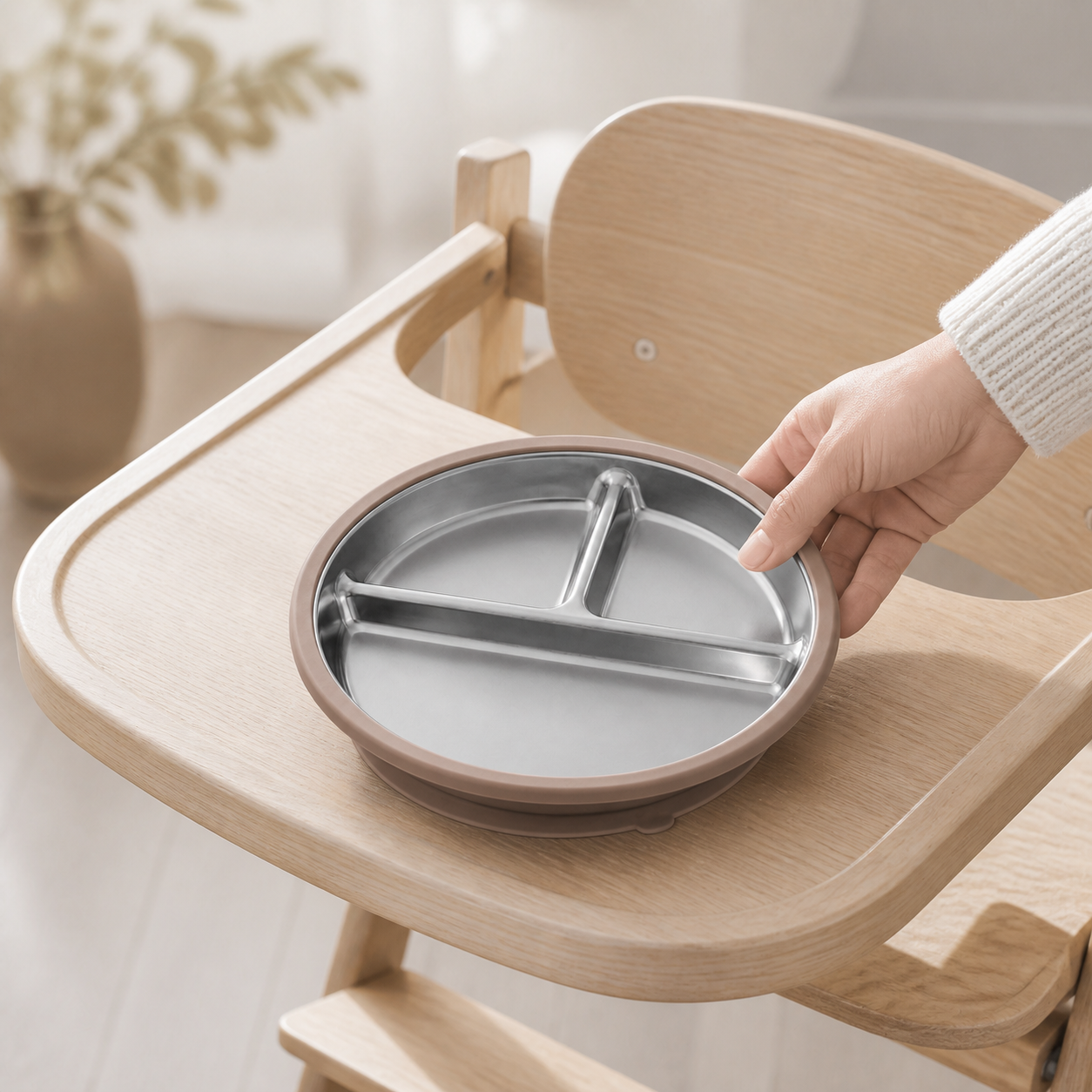 YumBella Stainless Steel Suction Plate shown to scale